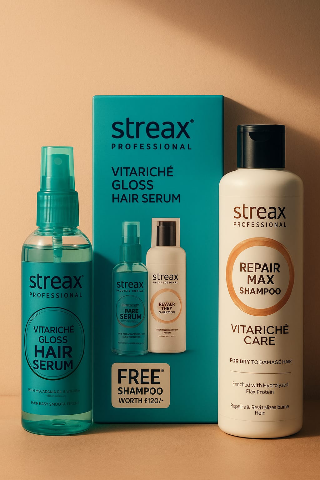Streax Professional Vitariche Gloss Hair Serum, 115ml for Frizz Free Hair + FREE Repair Max Shampoo,100 ml for Dry to Damaged Hair