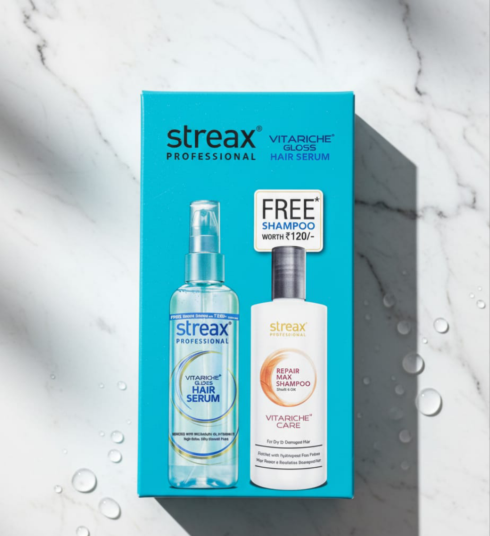 Streax Professional Vitariche Gloss Hair Serum, 115ml for Frizz Free Hair + FREE Repair Max Shampoo,100 ml for Dry to Damaged Hair