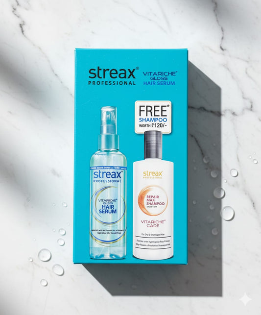 Streax Professional Vitariche Gloss Hair Serum, 115ml for Frizz Free Hair + FREE Repair Max Shampoo,100 ml for Dry to Damaged Hair